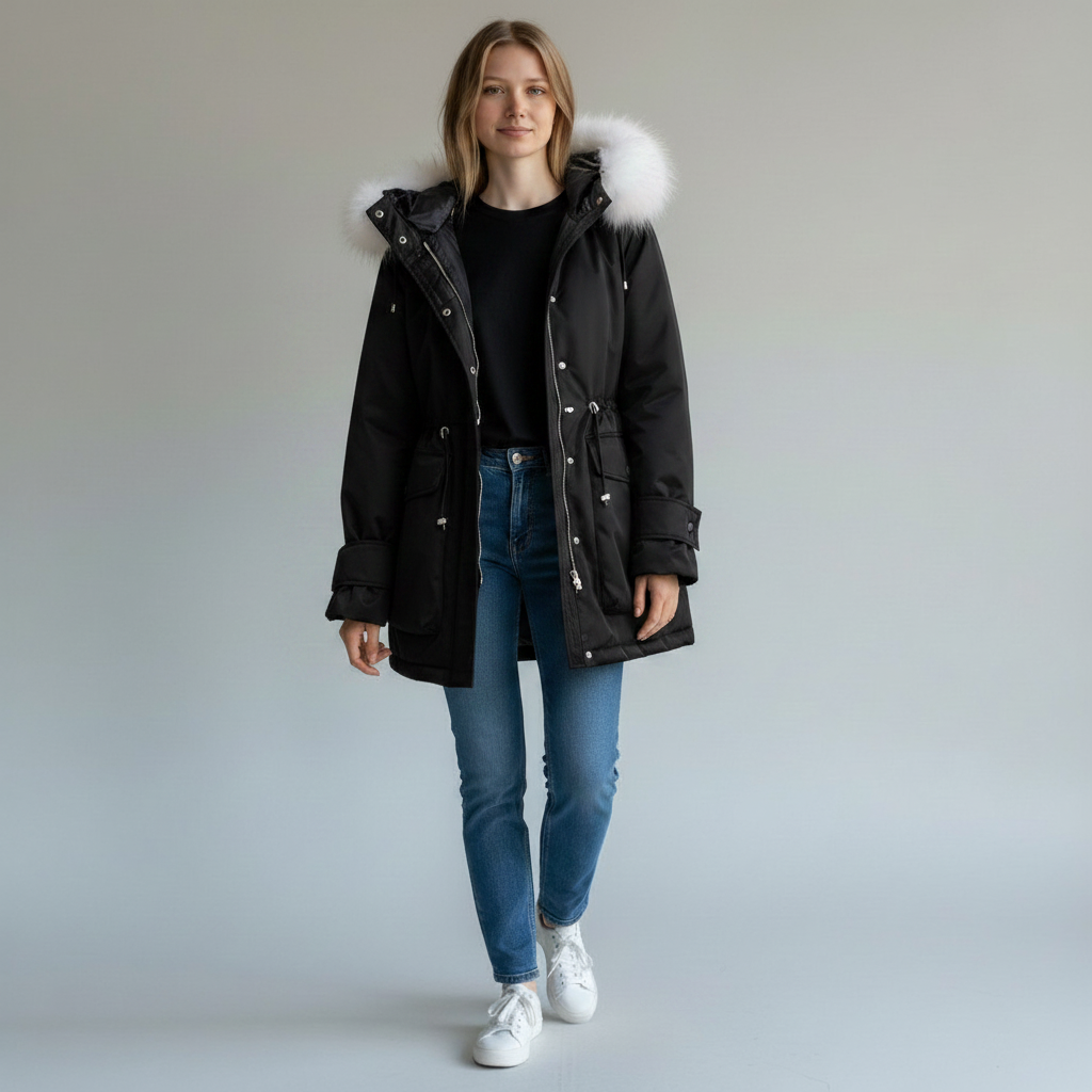 pikywiky black puffer jacket with white faux fur hood trim worn by a woman with blue jeans and white sneakers