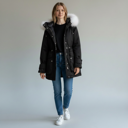 pikywiky black puffer jacket with white faux fur hood trim worn by a woman with blue jeans and white sneakers