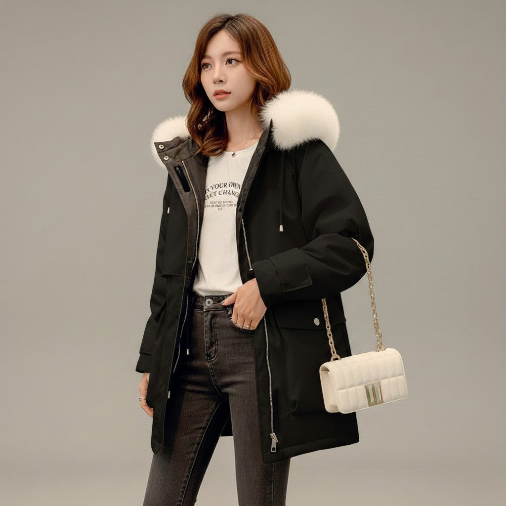pikywiky black puffer jacket with a plush white faux fur hood, featuring oversized pockets and a sleek winter design