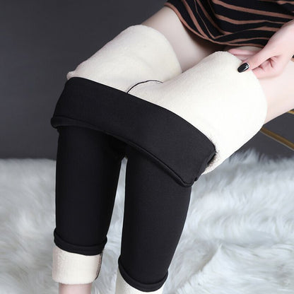 pikywiky black winter leggings with thick warm cream-colored lamb cashmere lining for extra insulation