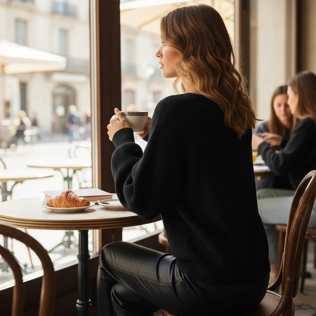 pikywiky black ribbed knit V-neck sweater worn by a woman sitting at a cafe table with a coffee and croissant