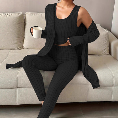 pikywiky black three-piece ribbed lounge set featuring a sleeveless tank, high-waisted leggings, and open cardigan.