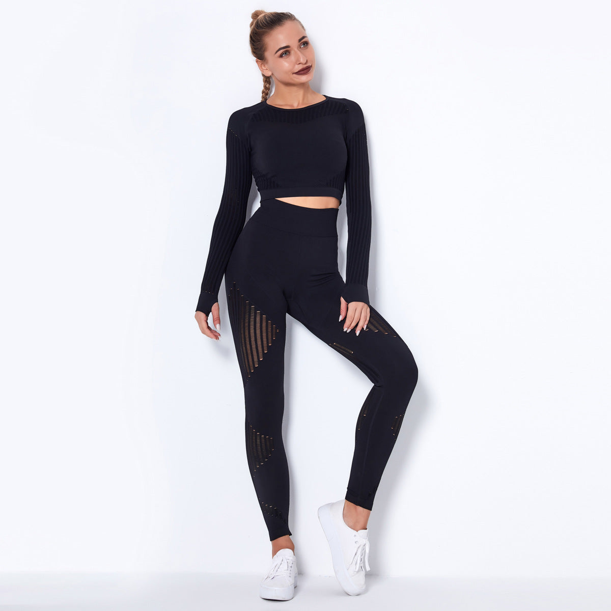 pikywiky black seamless long-sleeved yoga crop top and high-waisted leggings set with striped mesh cutouts