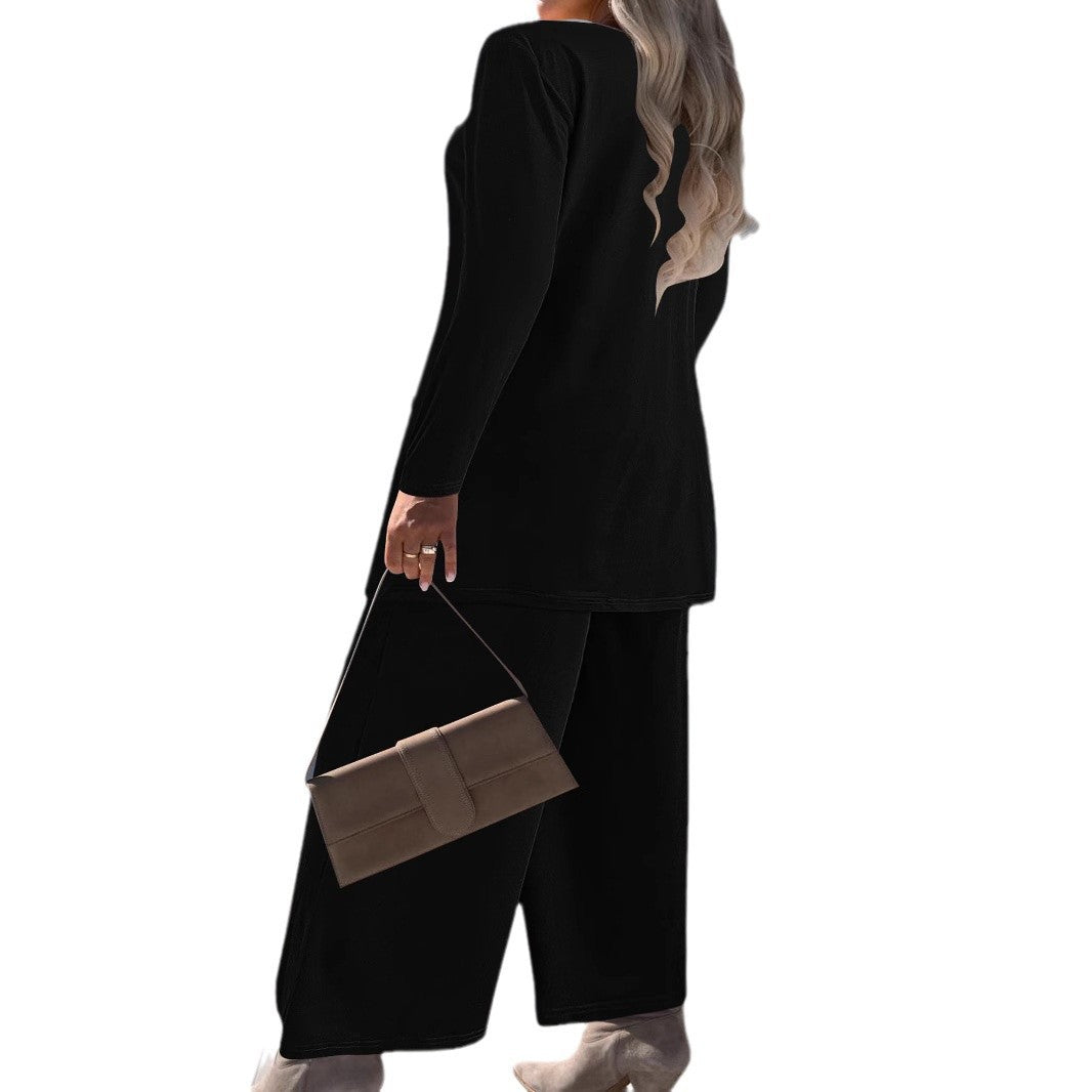 pikywiky women's black three-piece casual set featuring a long-sleeve top, wide-leg trousers, and a matching cardigan.