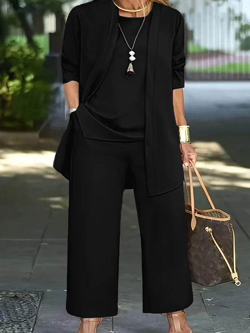 pikywiky women's black three-piece casual set featuring a sleeveless tank, open-front cardigan, and wide-leg trousers.