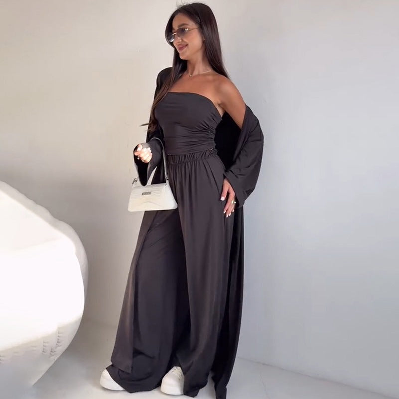 pikywiky three-piece lounge set with a black tube top, wide-leg pants, and matching cardigan worn by a woman