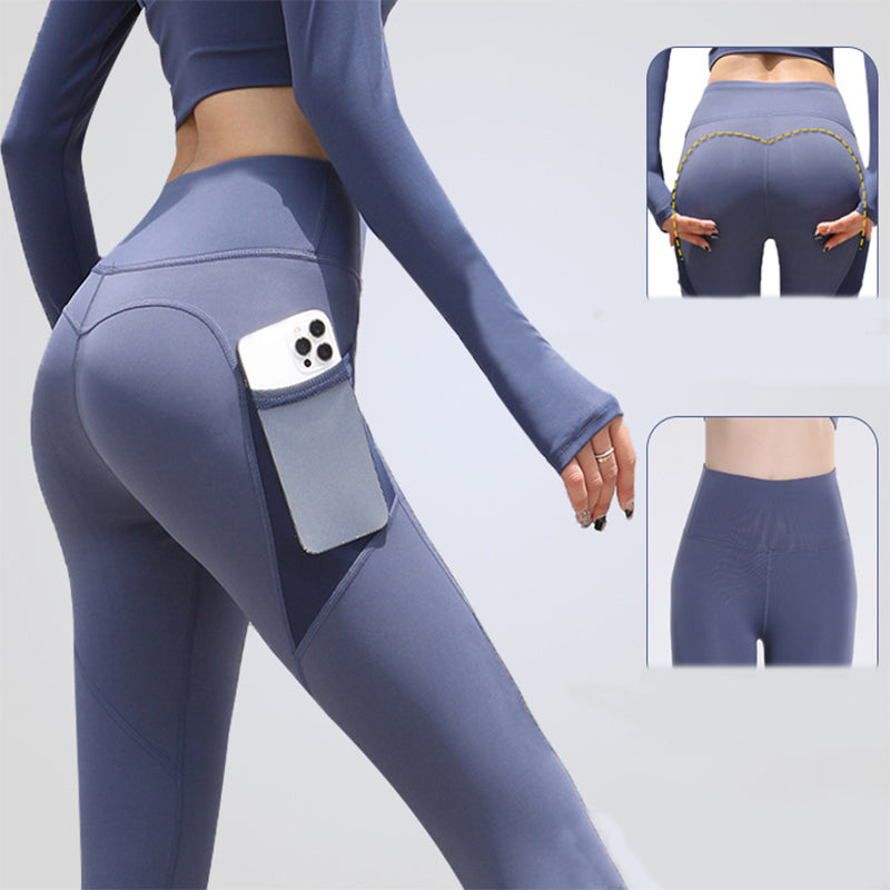 pikywiky high waisted blue athletic leggings with side phone pocket and sculpting contour seams for a lifted look