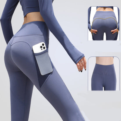 pikywiky high waisted blue athletic leggings with side phone pocket and sculpting contour seams for a lifted look