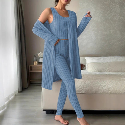 pikywiky blue three-piece ribbed lounge set featuring a sleeveless tank, high-waisted leggings, and open-front cardigan