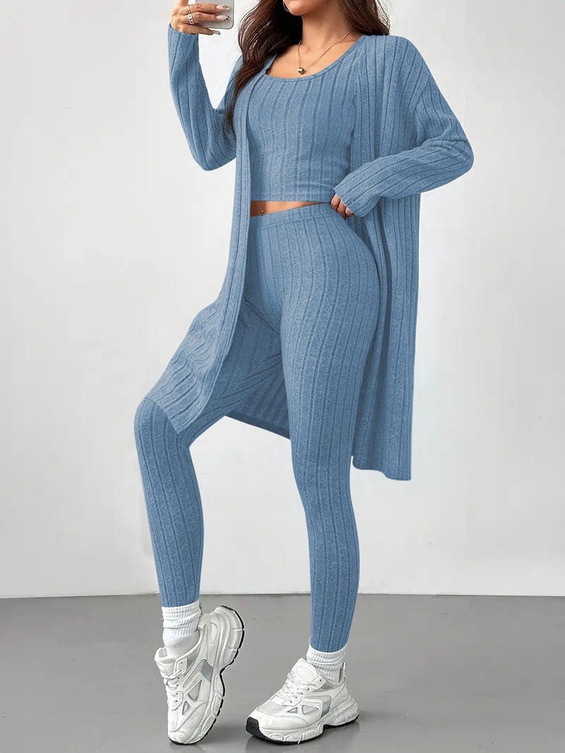 pikywiky blue three-piece ribbed lounge set featuring a sleeveless tank, high-waisted leggings, and open cardigan