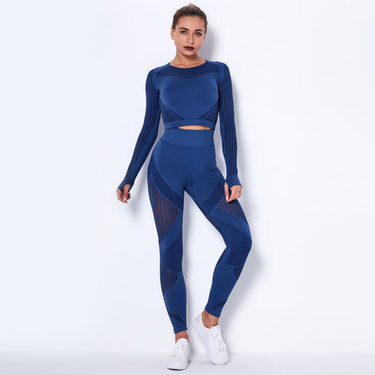 pikywiky blue seamless long sleeve crop top and high-waisted leggings set with mesh detailing on a female model