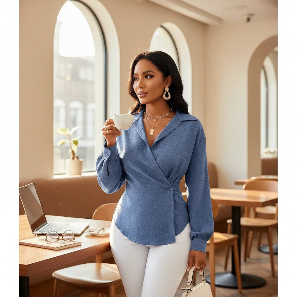 pikywiky long sleeve blue wrap blouse with button-down front and collar worn by a woman in a cafe setting