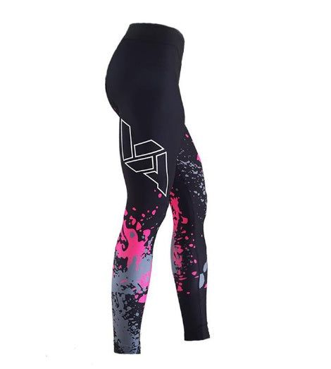 pikywiky women's breathable leggings featuring a black base with pink and grey digital paint splatter print