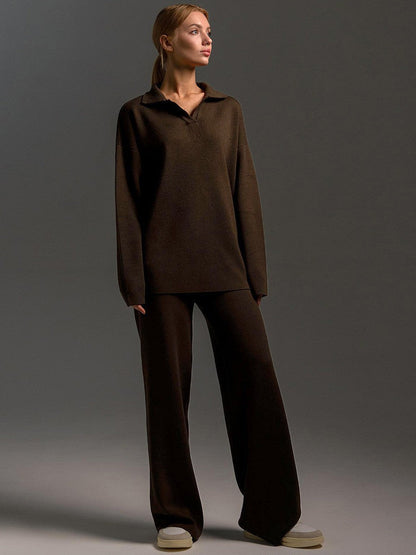 pikywiky dark brown knit polo sweater and wide-leg lounge pants set worn by a model against a grey background