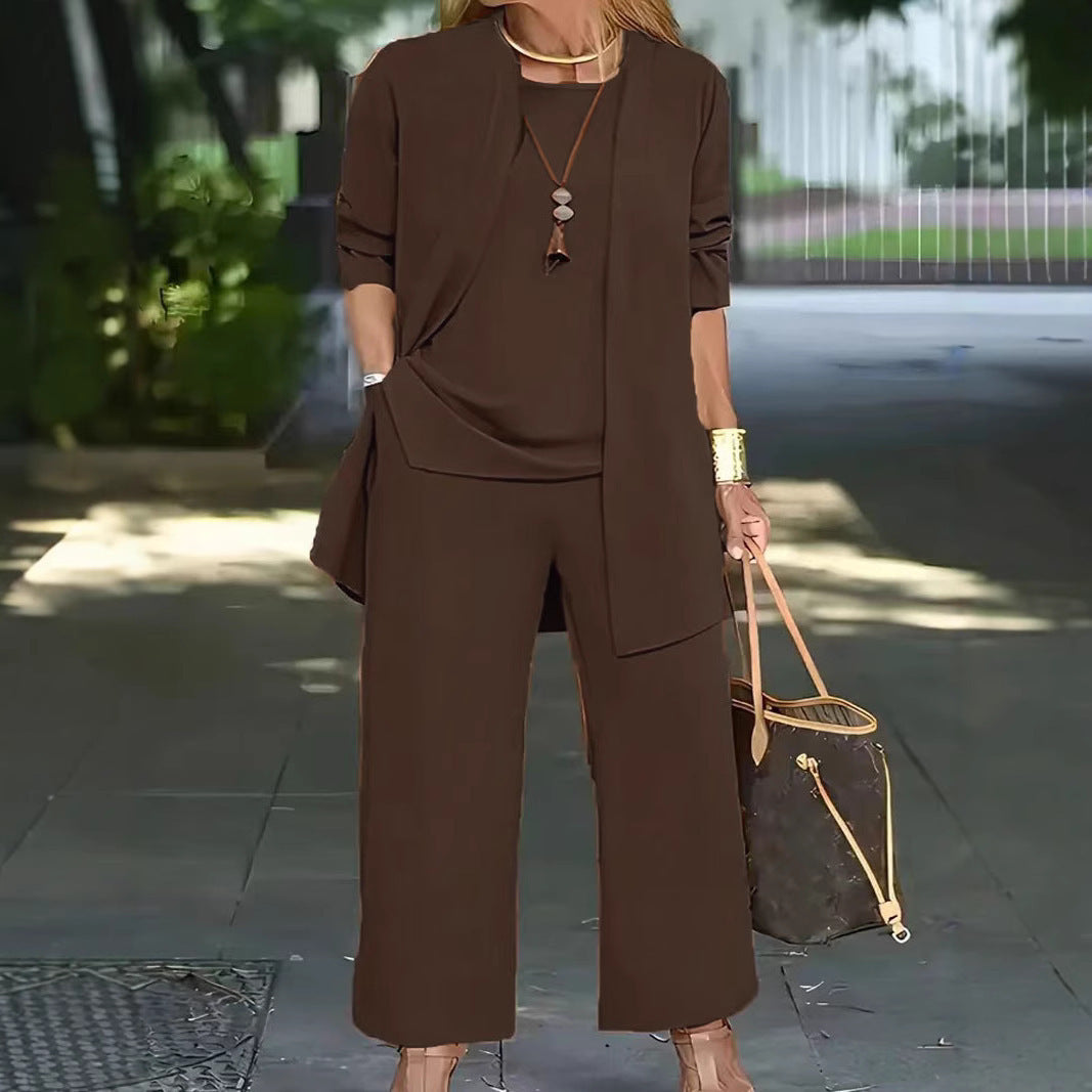 pikywiky women's three-piece casual set in dark brown featuring a sleeveless tank, cardigan, and wide-leg trousers.