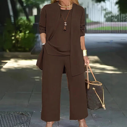 pikywiky women's three-piece casual set in dark brown featuring a sleeveless tank, cardigan, and wide-leg trousers.