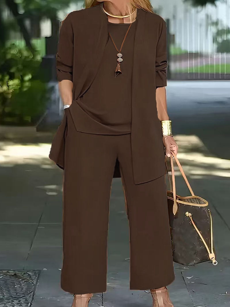 pikywiky women's brown three-piece casual set featuring a sleeveless tank, open-front cardigan, and wide-leg trousers.