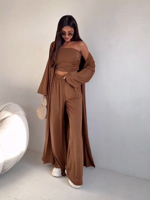 pikywiky brown three-piece lounge set with a strapless tube top, wide-leg pants, and a matching long-sleeve cardigan.