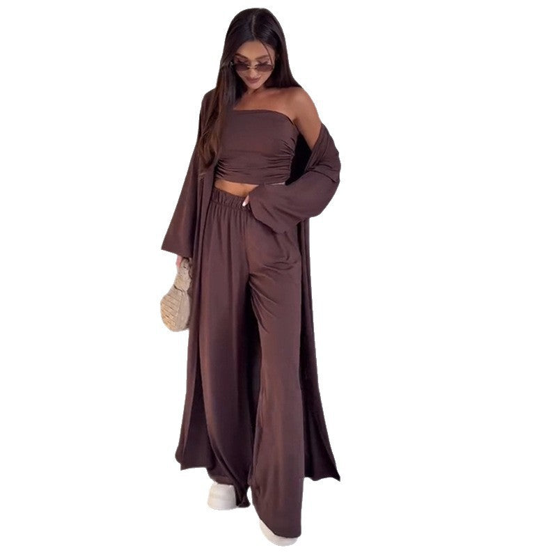 pikywiky dark brown three-piece lounge set featuring a strapless tube top, wide-leg pants, and a long cardigan.