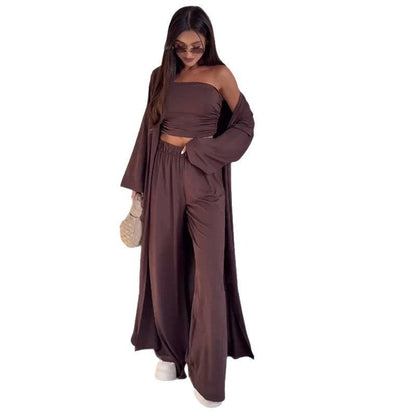 pikywiky dark brown three-piece lounge set featuring a strapless tube top, wide-leg pants, and a long cardigan.
