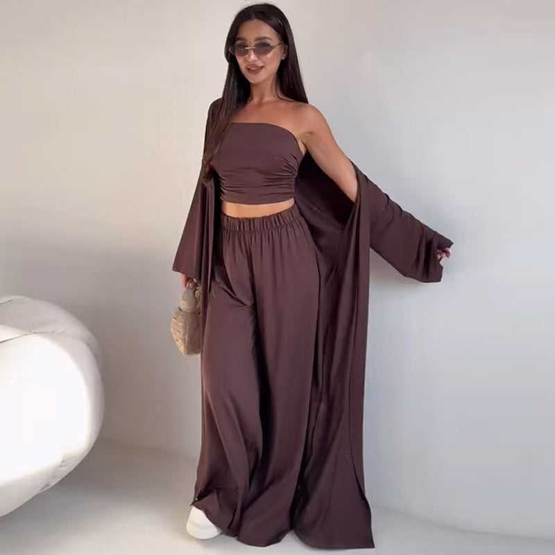 pikywiky dark brown three-piece lounge set with a strapless tube top, wide-leg pants, and a matching long cardigan.
