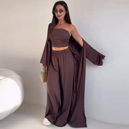 pikywiky dark brown three-piece lounge set with a strapless tube top, wide-leg pants, and a matching long cardigan.