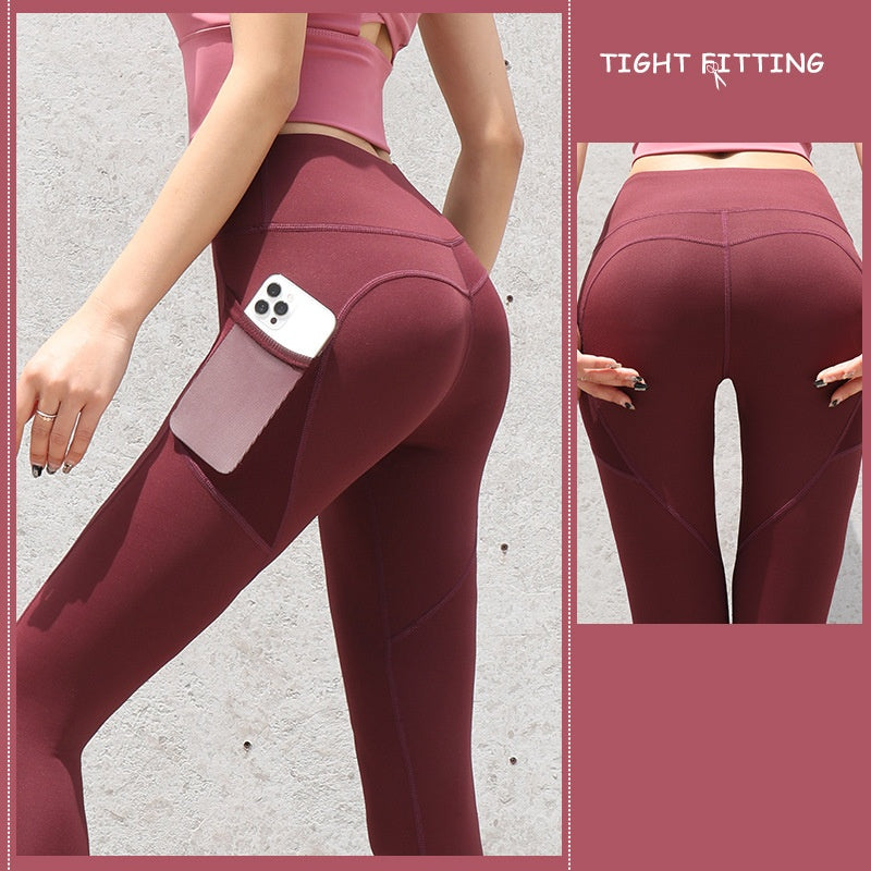 pikywiky high waisted athletic leggings in maroon with side pocket for phone and sculpting contour seams