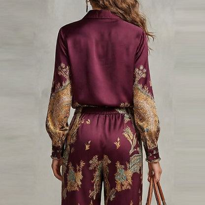 pikywiky burgundy paisley print long sleeve button up shirt and wide leg trouser set with a silky sheen