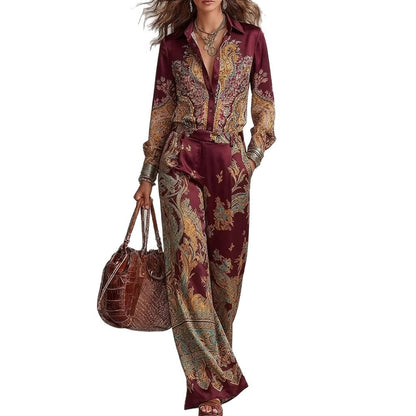 pikywiky burgundy paisley print two-piece set with long sleeve button-up shirt and wide-leg trousers