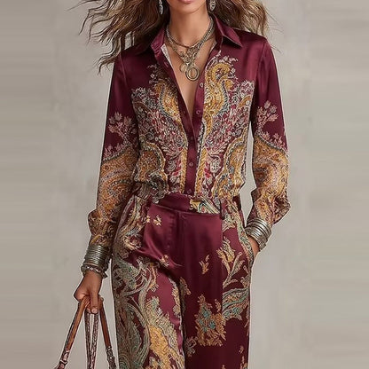 pikywiky burgundy paisley print two-piece set with a long sleeve button-up shirt and matching wide-leg trousers
