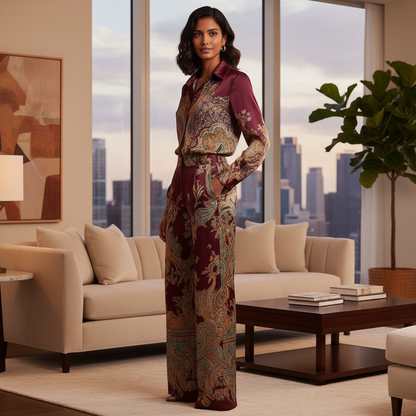 pikywiky burgundy paisley print long sleeve shirt and wide leg trouser set worn by a woman in a modern living room