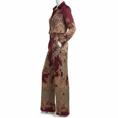 pikywiky burgundy paisley print long sleeve button up shirt and wide leg trouser set on a mannequin
