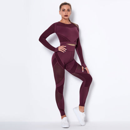 pikywiky seamless burgundy long sleeve crop top and high-waisted leggings set with mesh ventilation panels