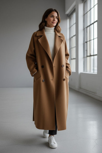 pikywiky Luxe Cashmere Lapel Coat in warm caramel worn by a woman with a white turtleneck and sneakers