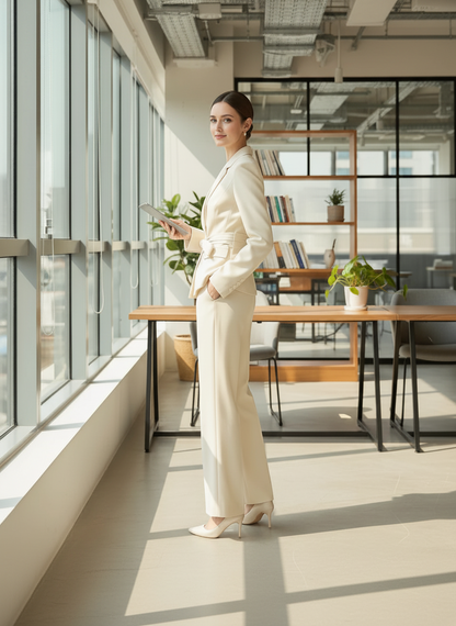 pikywiky cream tailored suit set with belted blazer and wide-leg trousers worn by a woman in a bright office