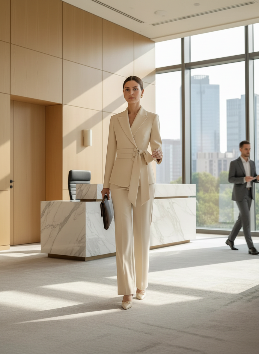 A woman wearing a pikywiky cream tailored blazer with a waist-cinching bow belt and matching wide-leg trousers.