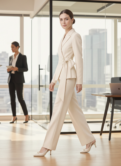 pikywiky cream tailored suit set with a belted blazer and wide-leg trousers worn by a woman in a modern office