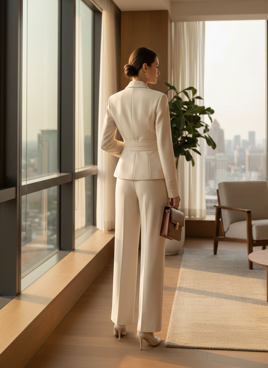 A woman wearing a pikywiky cream tailored blazer with a waist-cinching belt and matching wide-leg trousers, back view.