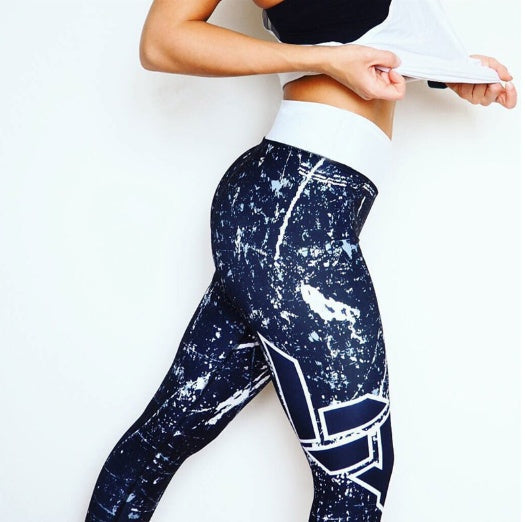pikywiky women's breathable polyester leggings with a navy and white distressed digital print design