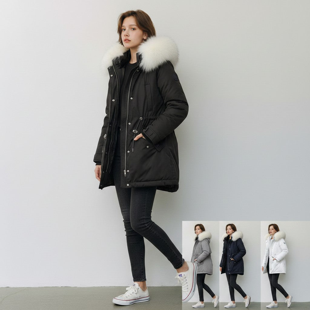 pikywiky black puffer jacket with white faux fur hood worn by a model with jeans and sneakers