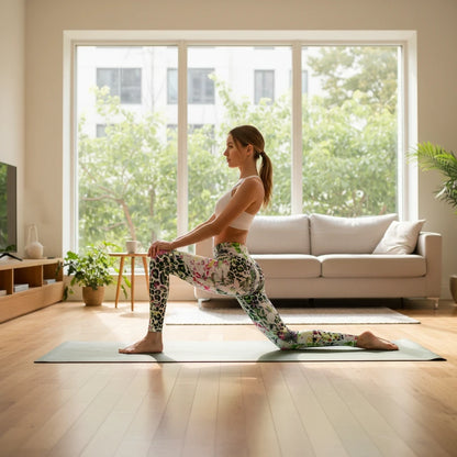 pikywiky high-waisted yoga leggings with floral leopard print worn by a woman doing a lunge in a bright living room