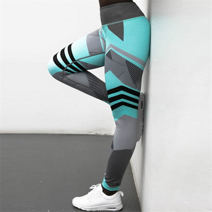 pikywiky high-waisted athletic leggings in teal and grey with geometric patterns and reflective details