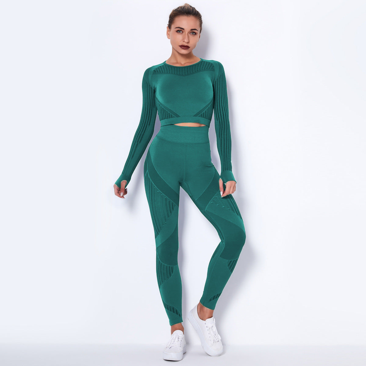 pikywiky green seamless long sleeve crop top and high-waisted leggings athletic set with mesh detailing