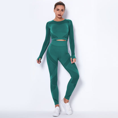 pikywiky green seamless long sleeve crop top and high-waisted leggings athletic set with mesh detailing