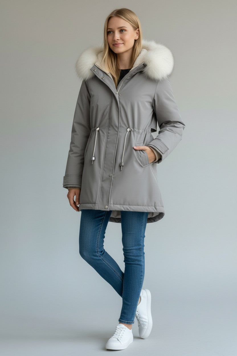 pikywiky grey puffer jacket with a plush faux fur hood, drawstring waist, and side pockets worn by a blonde model