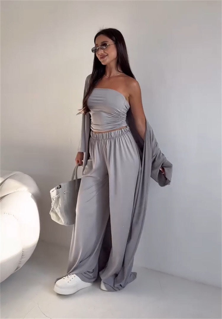 pikywiky grey three-piece lounge set with a strapless tube top, wide-leg pants, and a matching long cardigan.