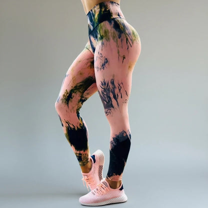 pikywiky high waisted athletic leggings in pink and black abstract ink print with four-way stretch fabric