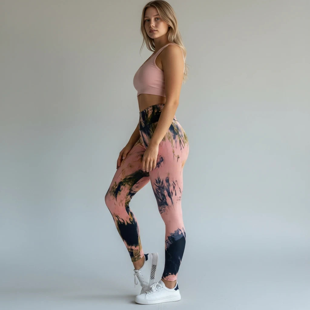 A model wearing pikywiky high-waisted athletic leggings with a pink and black abstract ink print and a pink sports bra.