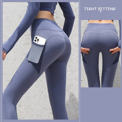 pikywiky high waisted athletic leggings in blue with side pocket and sculpting contour details for a lifted look