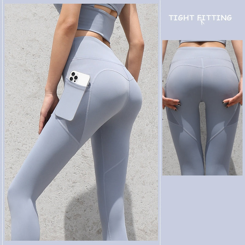 pikywiky high-waisted athletic leggings in light blue with side phone pocket and seamless sculpting design